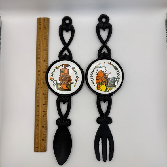 Vintage Cast Metal and Ceramic Tile Spoon and Fork Kitchen Decor. Coffee and Tea - Picture 3 of 7